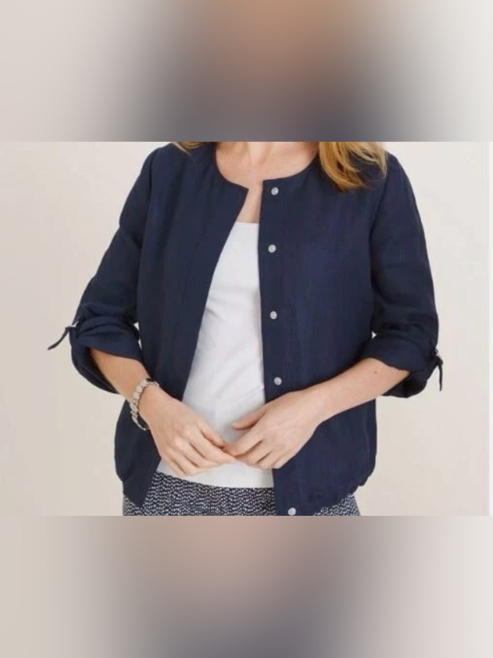 Chico's 100% Linen Snap Button Navy Collarless Lightweight Utility Jacket Sz:1